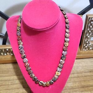 Vtg Jasper Overlapping Disk Stones Boho Necklace Gold Filled Clasp Leopard Skin
